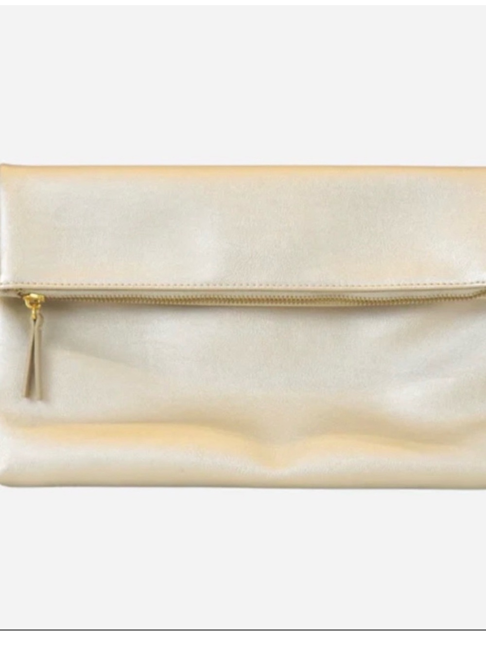 Fawn Design Metallic Cream Fold-Over Clutch with Tassel Zip
